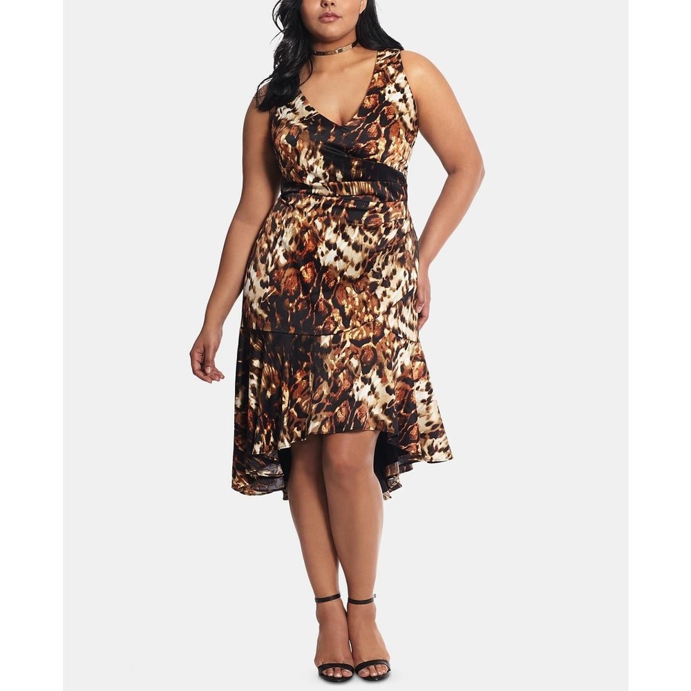 XSCAPE Womens Black Animal Print Ruffled A-Line High Low Plus Size Dress 22W